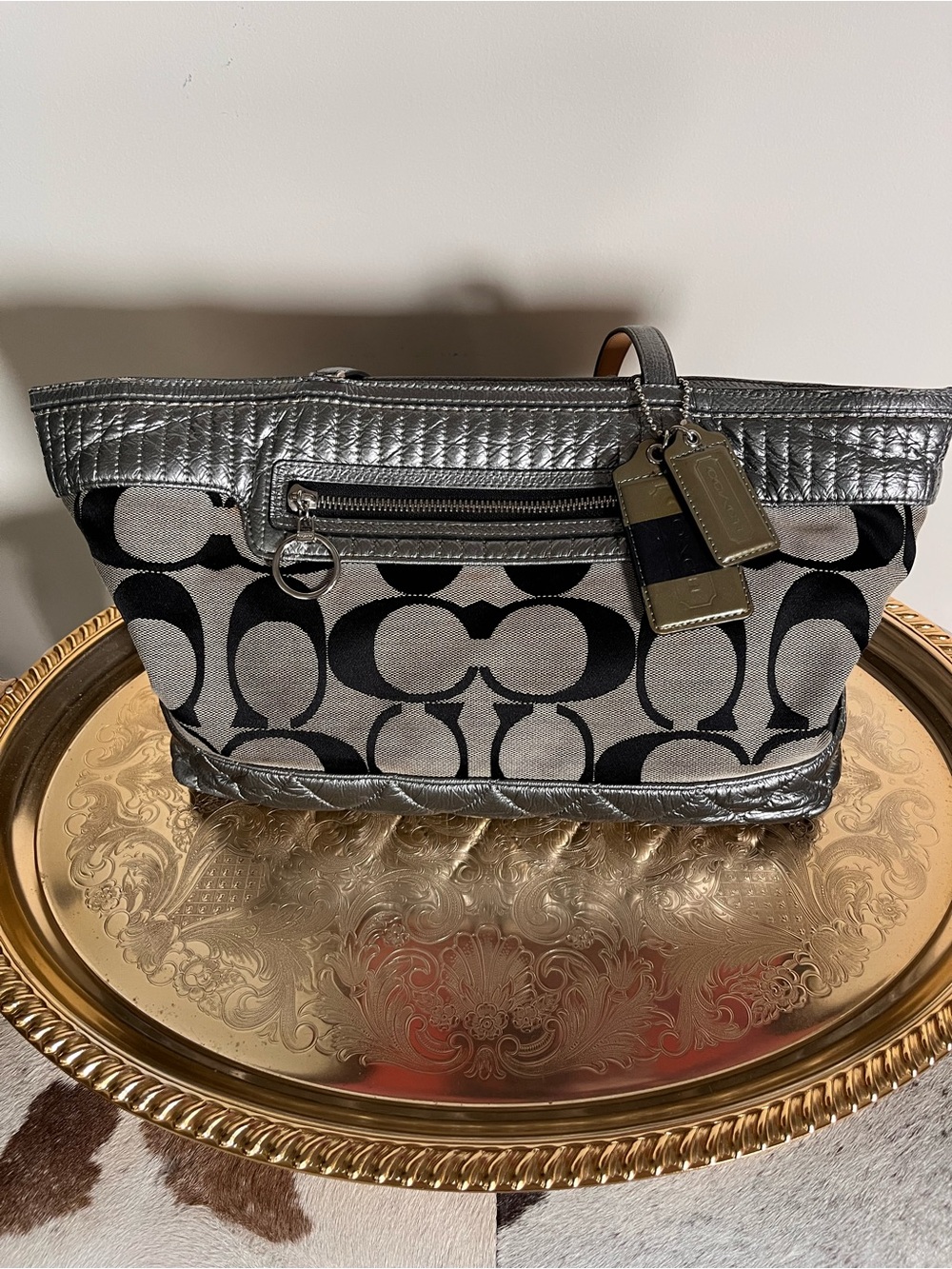 Coach Black and Silver Signature Canvas Tote